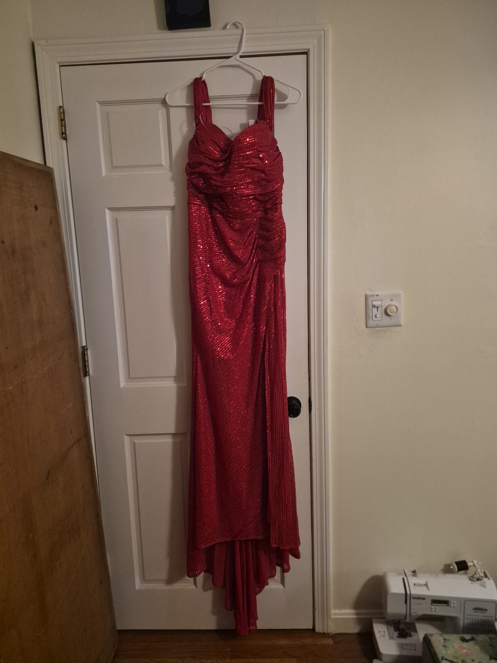 Red Sequin Evening Gown - Sleeveless Ruched Detail